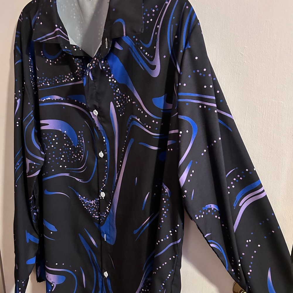 Abstract Black and Blue Button-Up Shirt